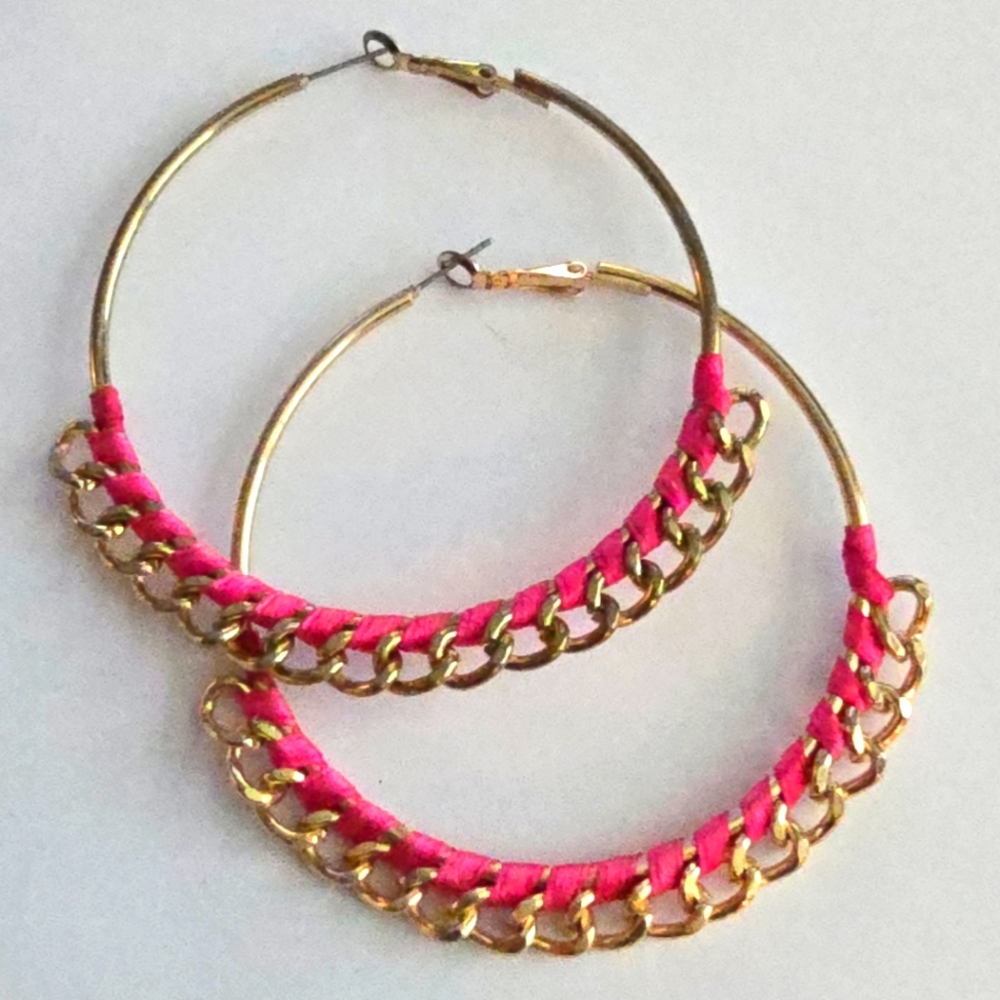 Big hoop earrings pink thread wrapped chain gold tone